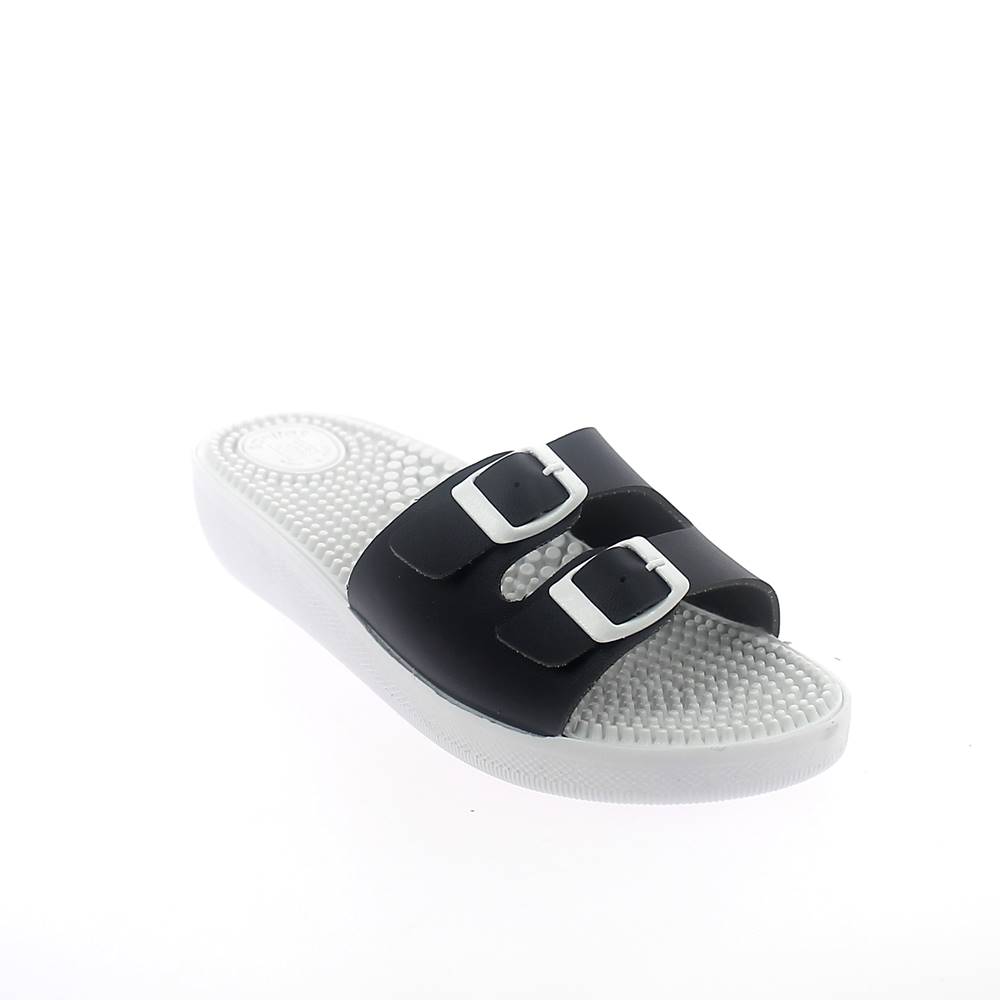 "Animal free" slipper with massaging insole. Model with 2 buckles. Made in Italy
