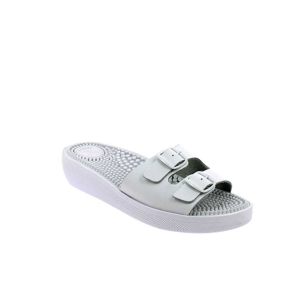 Art. 1025-6 - Ciabatta donna  2 fibbie. Tomaia in VERA PELLE con sottopiede in pioli massaggianti. 