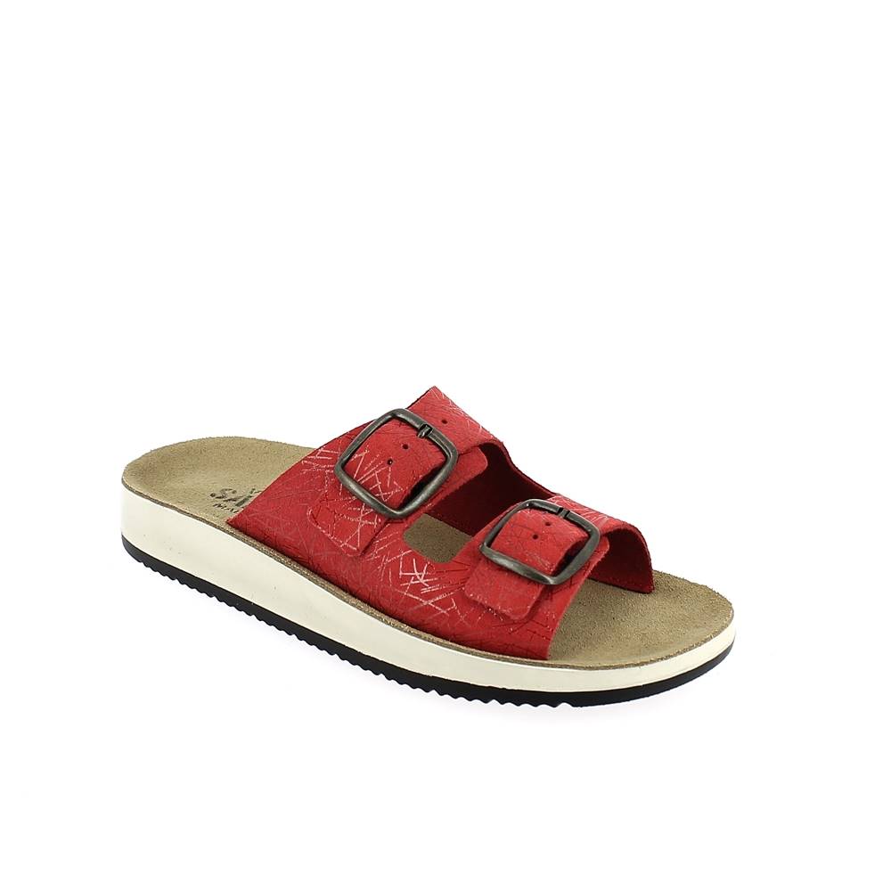 Art. 7237-1.  Ciabatta estivo donna. 2 fibbie. Sottopiede pelle scamosciata con imbottitura.