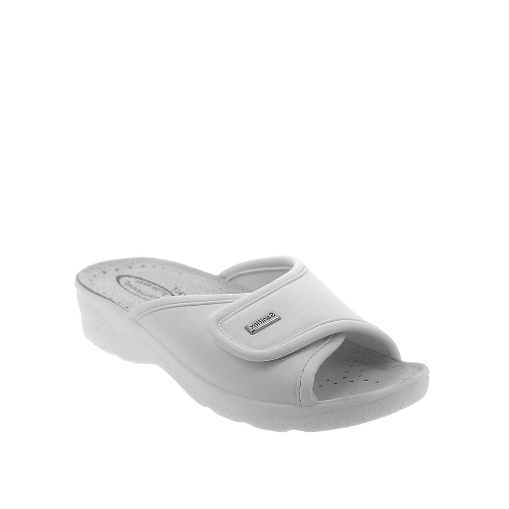 Open toe medical slipper for woman with stretch upper and velcro fastener .